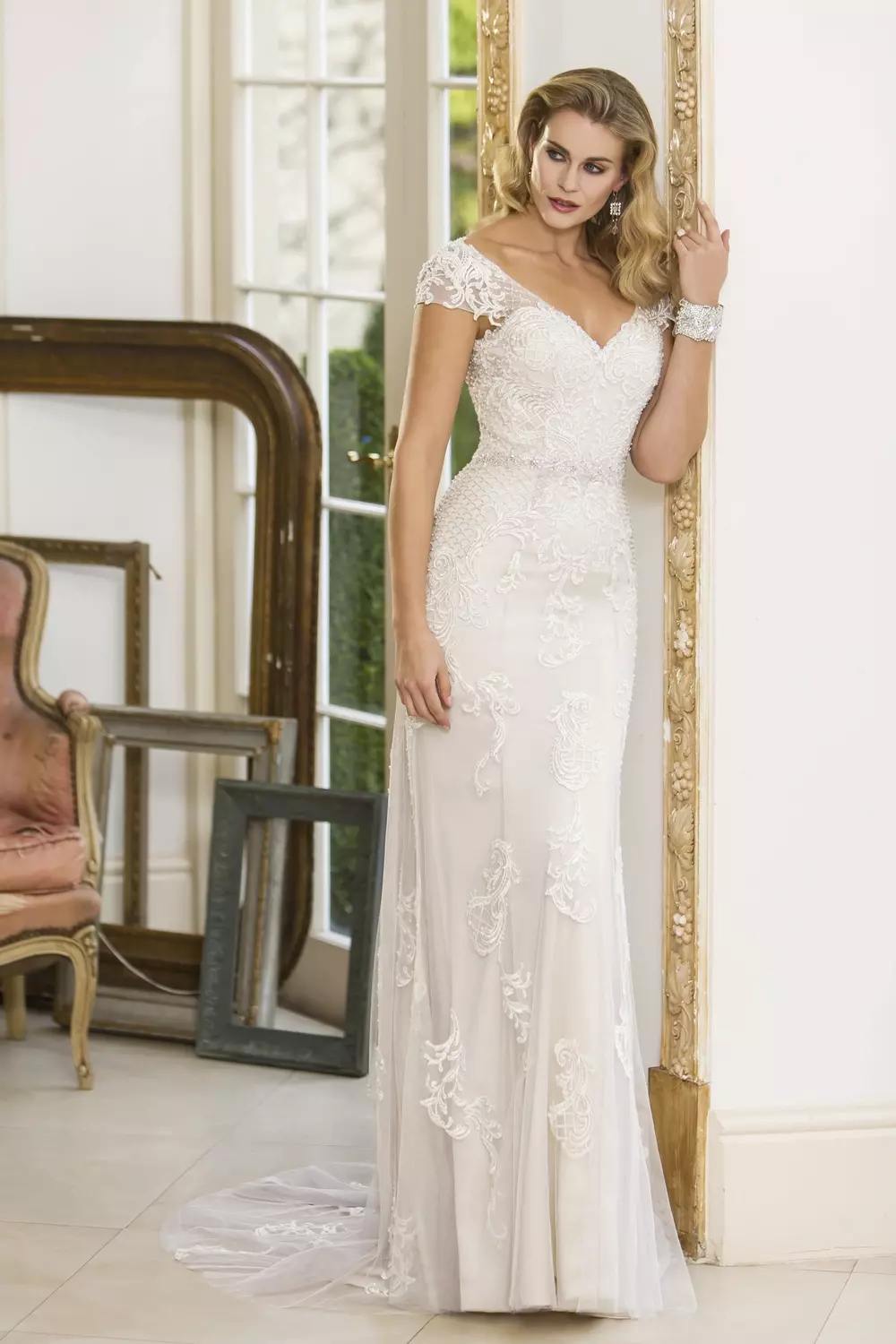 W297 Beaded Lace Appliqué Wedding Gown With Cap Sleeves True Bride 7204